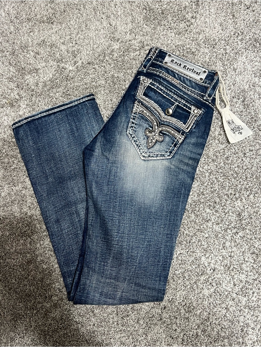 Rock Revival Women's Medium Blue Boot Cut Jeans with Embroidered Pockets